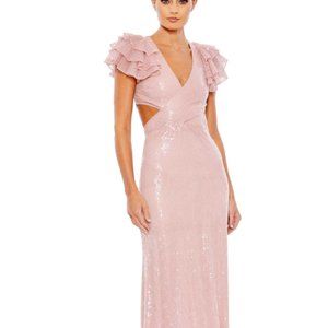 MAC DUGGAL 10829 SEQUINED RUFFLED CUTOUT LACE UP BACK ROSE GOWN sz 2